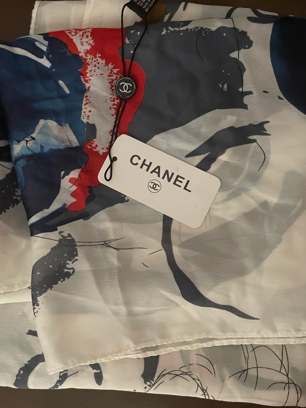 XL Vintage w tag Double C Abstract Silk Scarf in White, Navy & Red